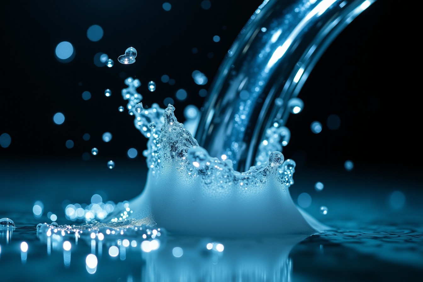 Agua saliendo a presión por una fisura en una tubería cromada, con las gotas congeladas en el aire.