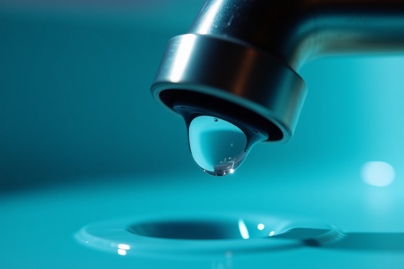 Macro de una gota de agua colgando de una conexión cromada.