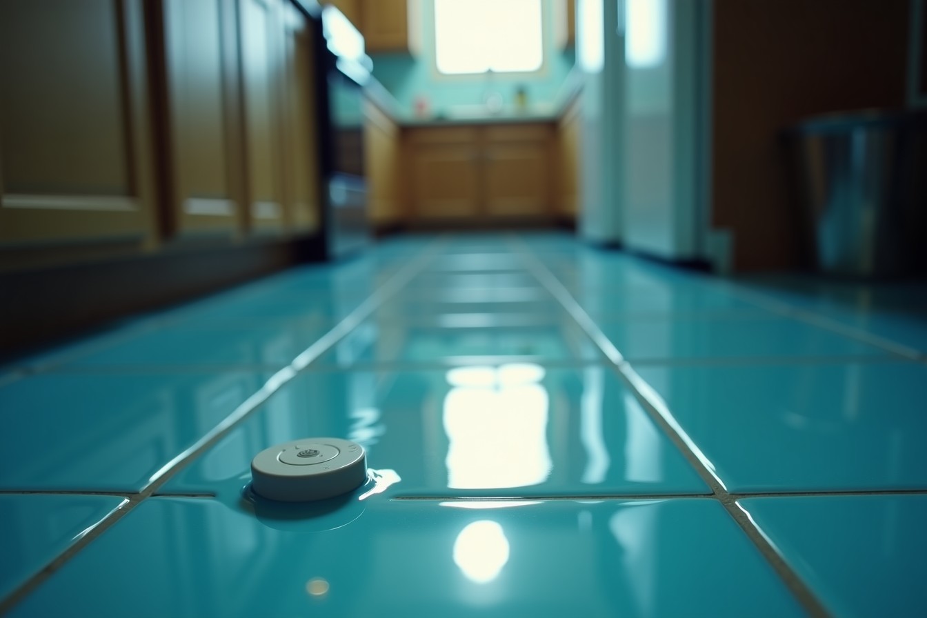 Piso de cocina cubierto por una lámina de agua que refleja la luz, con un sensor de detección encima.