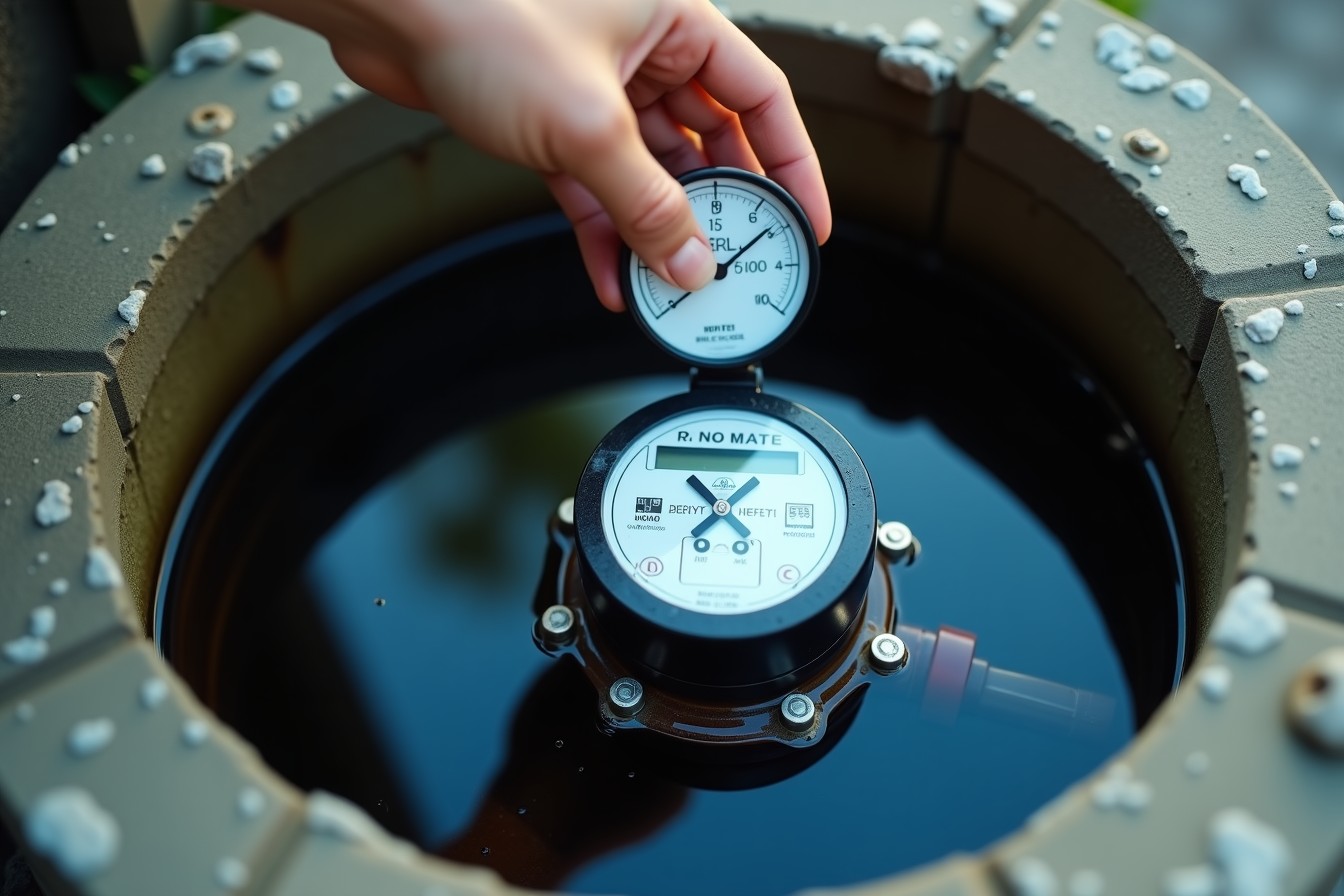 Medidor de agua dentro de su caja de concreto con agua encharcada alrededor, revisado con un manómetro.