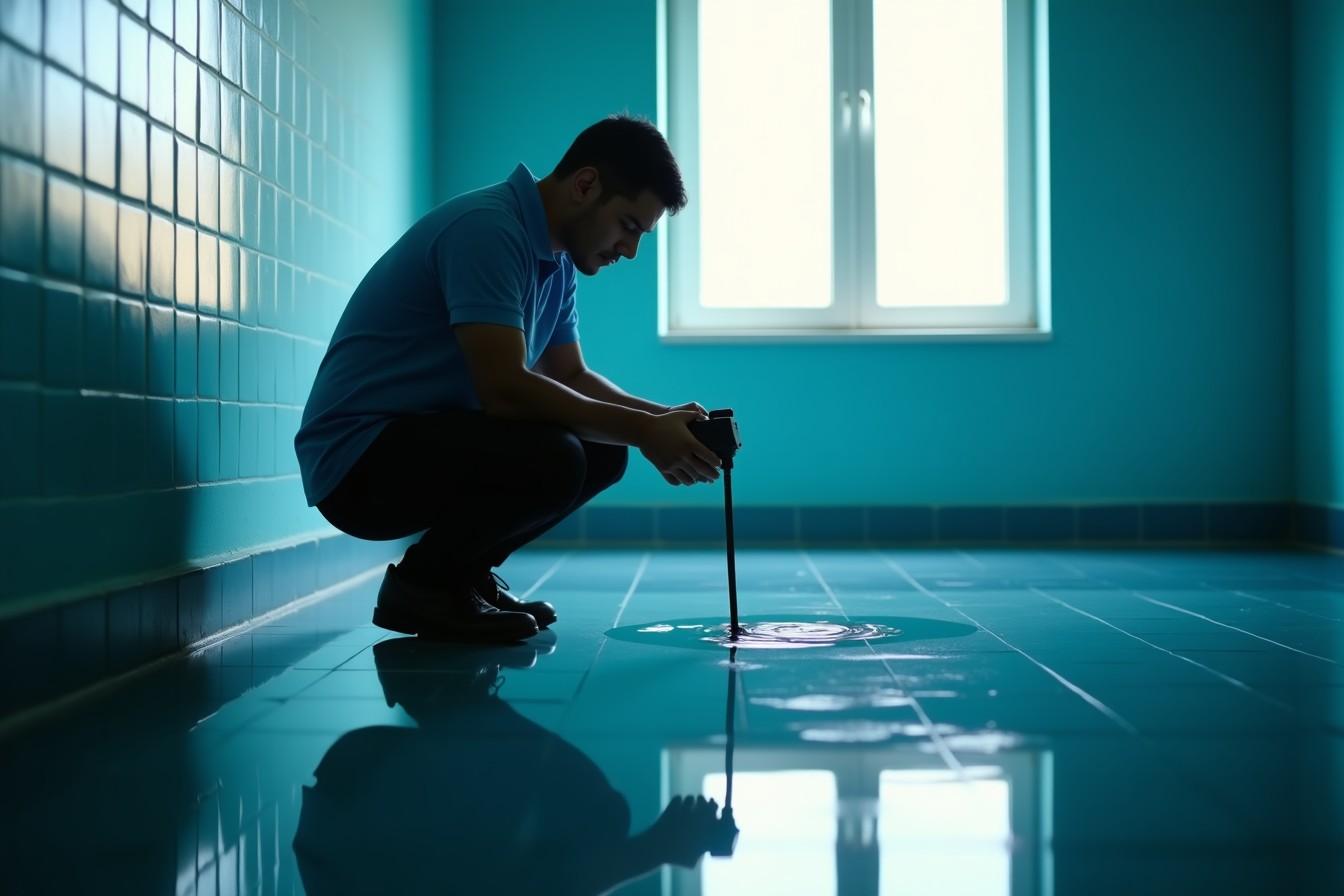 Técnico en cuclillas sobre un piso cubierto por una lámina de agua que lo refleja, revisando con un detector.