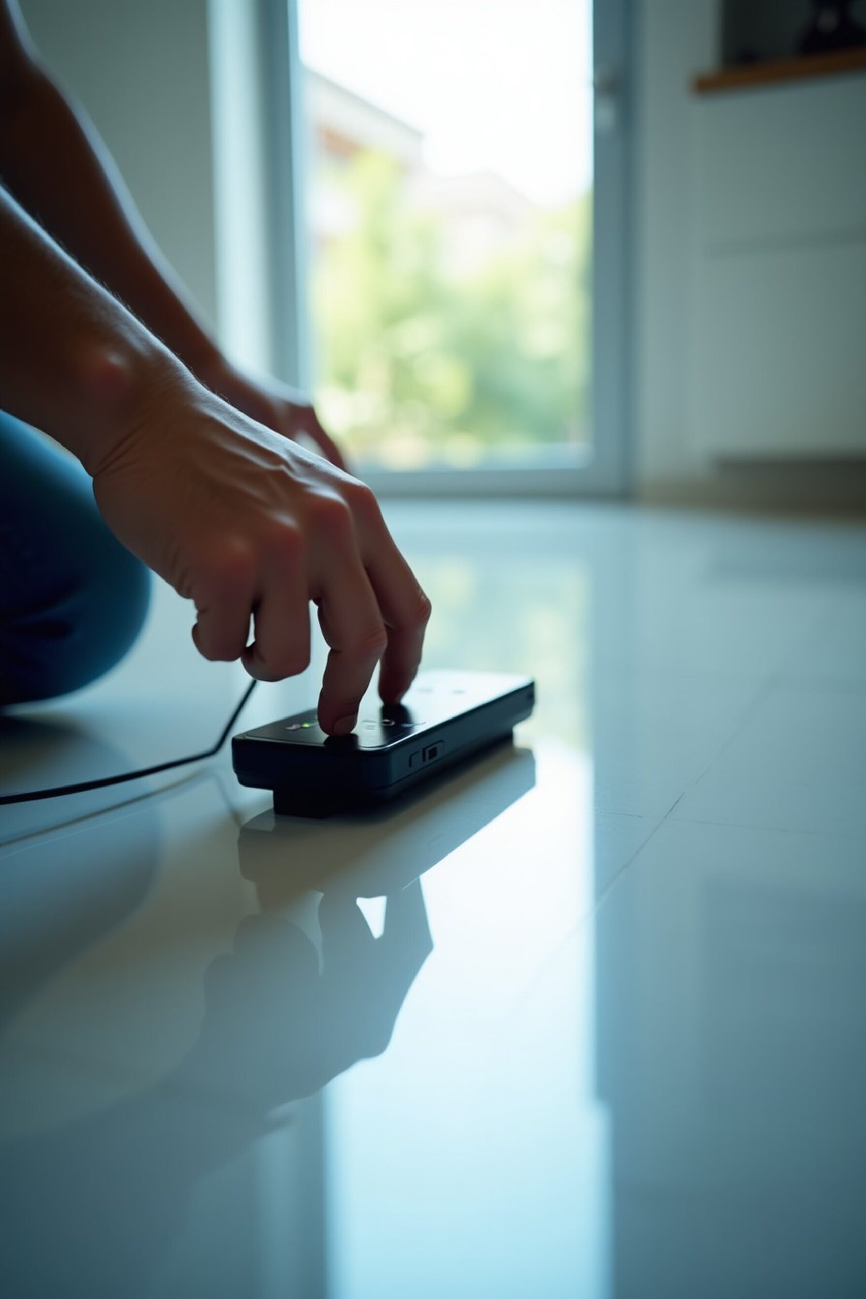 Manos de un técnico usando un detector electrónico de fugas con audífonos sobre el piso de loseta de una cocina.