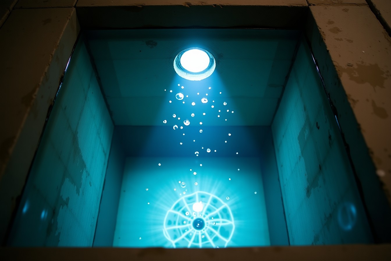 Vista por la tapa abierta de una cisterna de concreto con agua clara iluminada por una linterna.