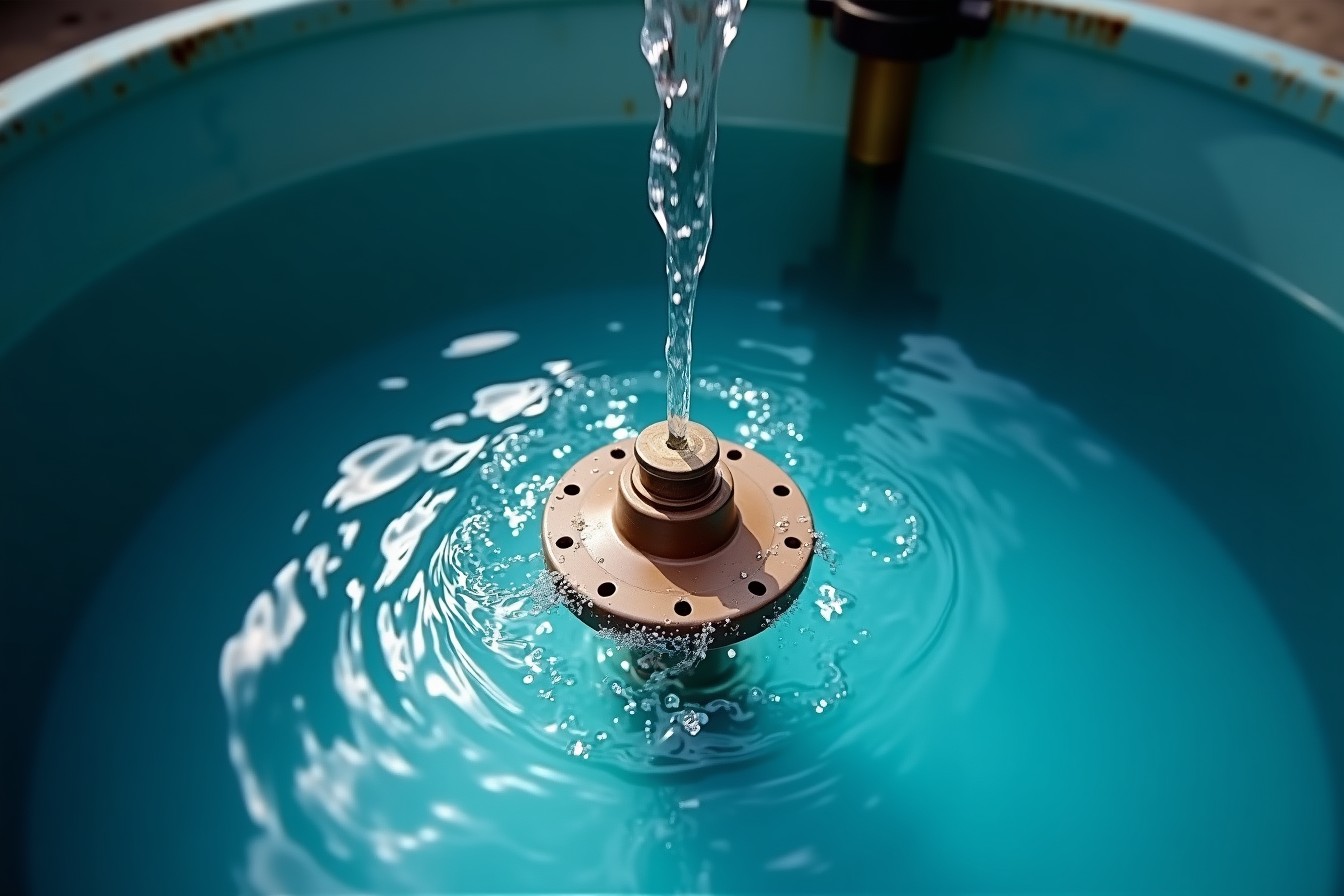 Flotador dentro de un tanque de agua con agua entrando por la tubería de llenado.