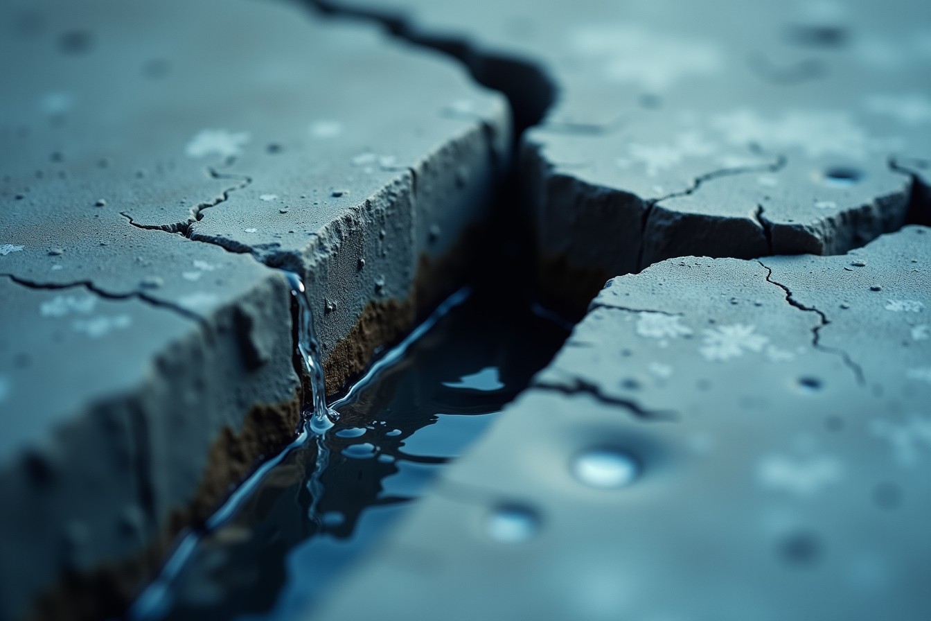 Grieta en el muro de concreto de una cisterna con agua filtrándose.