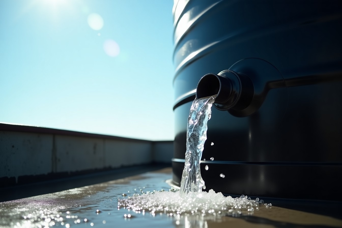 Agua escurriendo de una conexión en la base de un tinaco negro en una azotea.