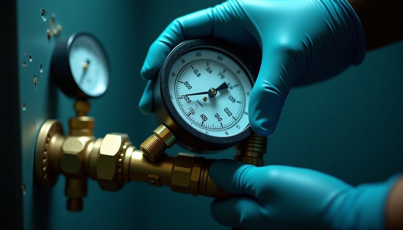 Manómetro conectado a una toma de agua durante una prueba de presión.