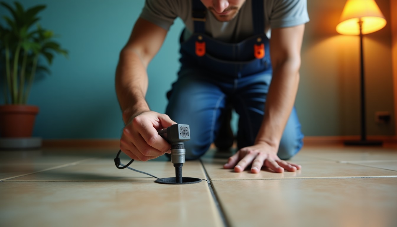 Técnico escuchando con micrófono de suelo sobre un piso de loseta.
